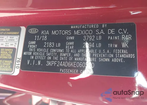 2019 Kia Forte Lxs from USA, damaged, VIN 3KPF24AD6KE060520